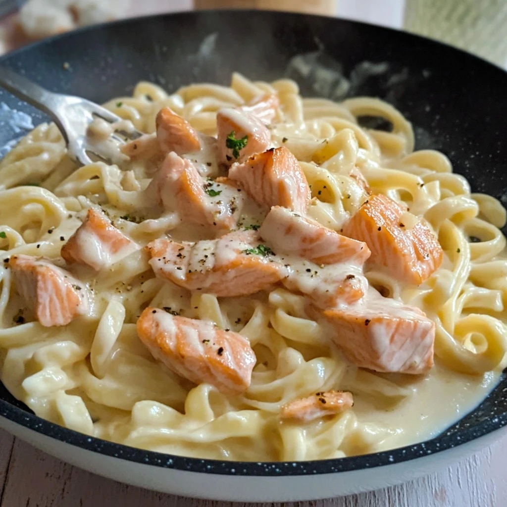Creamy Salmon Alfredo pasta dish with herbs and garnishes