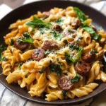 Plate of delicious sausage pasta with herbs and cheese