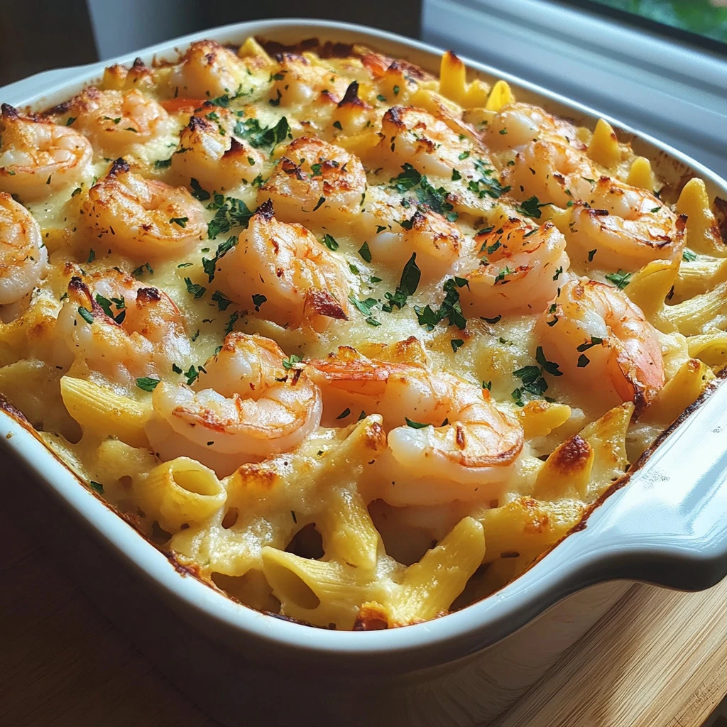 Shrimp scampi pasta bake dish with cheesy topping and garnished herbs