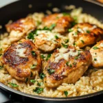 Skillet chicken served with Parmesan rice in a colorful dish