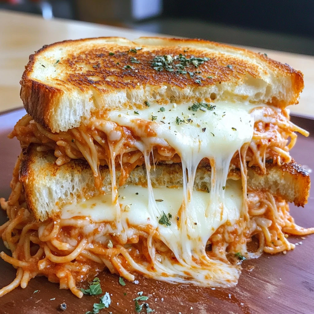 Delicious Spaghetti Grilled Cheese sandwich with melted cheese and spaghetti