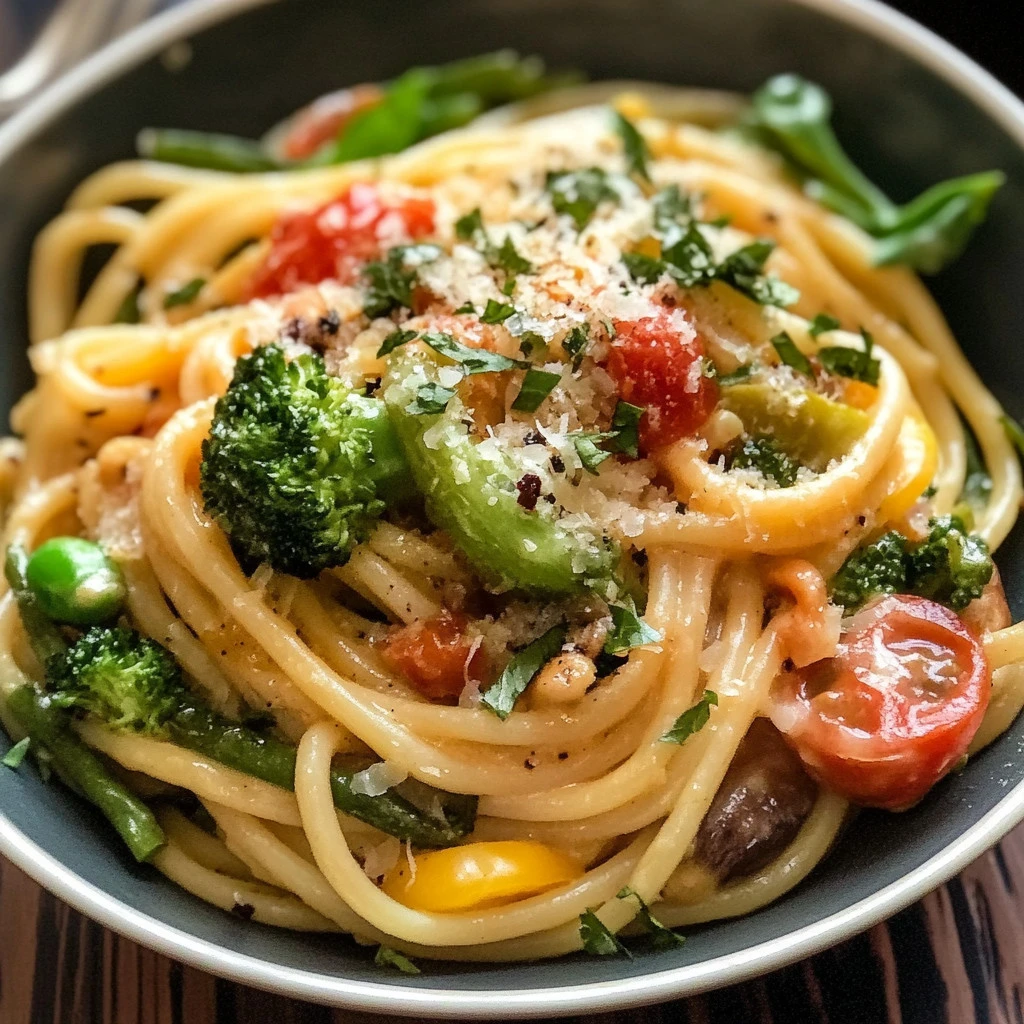Delicious bowl of Spring Pasta with fresh vegetables and herbs