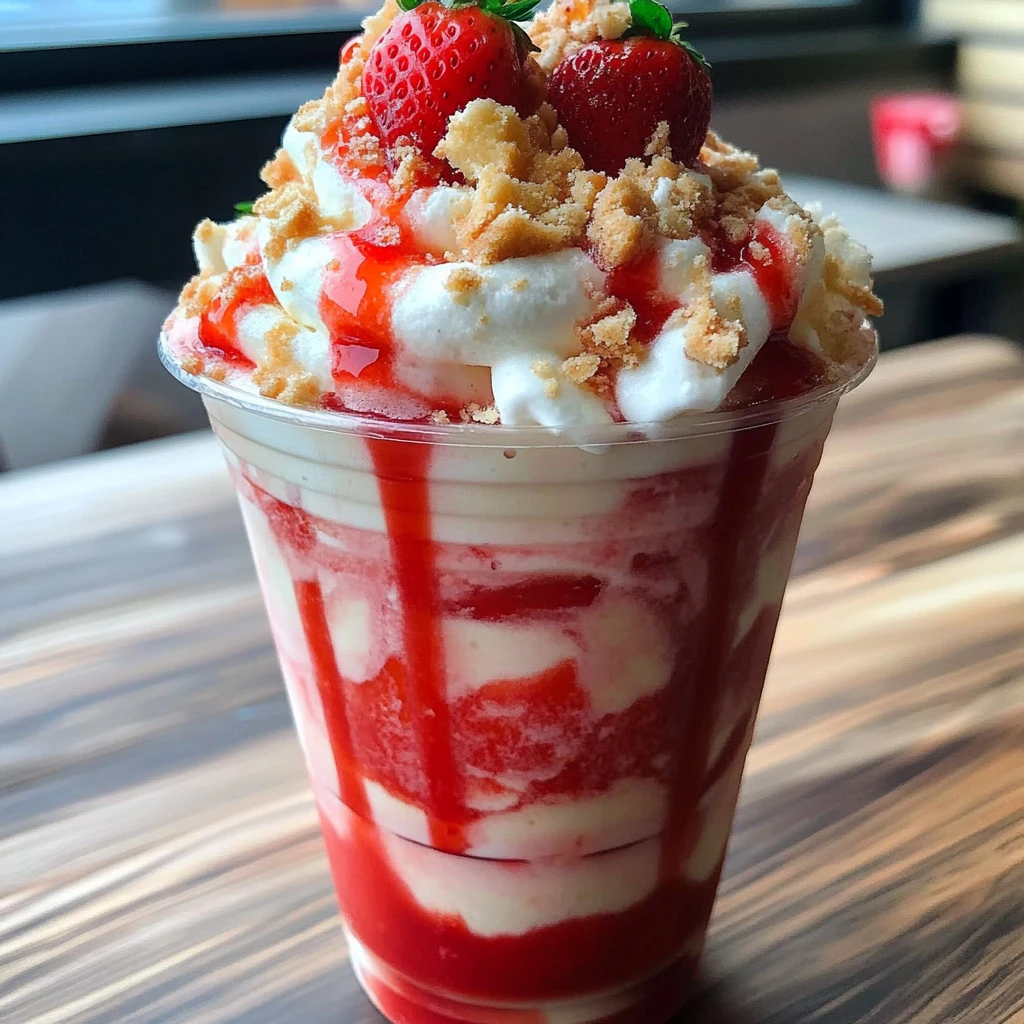 Starbucks Strawberry Shortcake Frappuccino drink topped with whipped cream