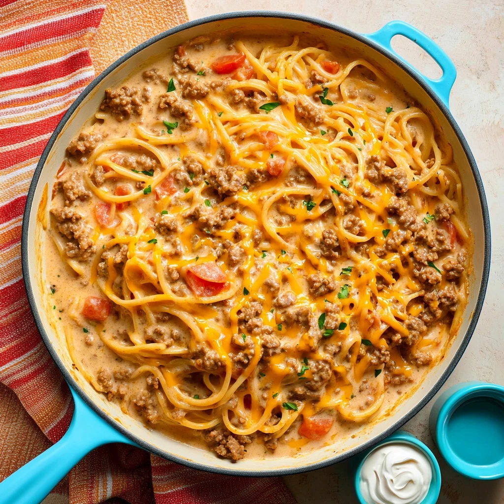 Delicious Taco Pasta dish topped with cheese and herbs