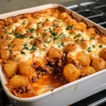 Delicious Tater Tot Casserole topped with golden crispy tater tots.