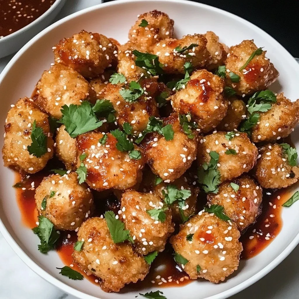 Plate of flavorful Thai Chicken Bites garnished with herbs