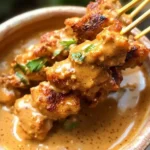 Delicious Thai Chicken Satay skewers served with peanut sauce