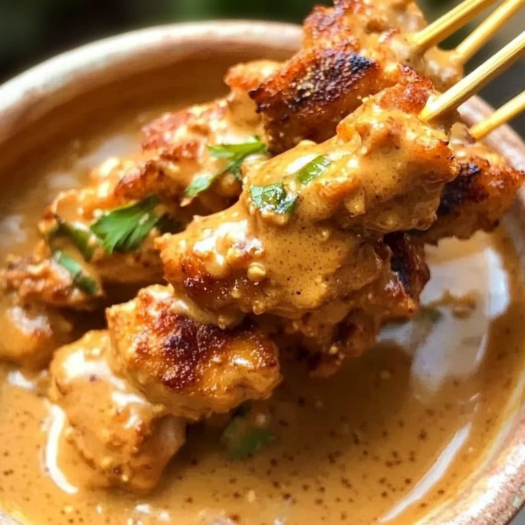 Delicious Thai Chicken Satay skewers served with peanut sauce
