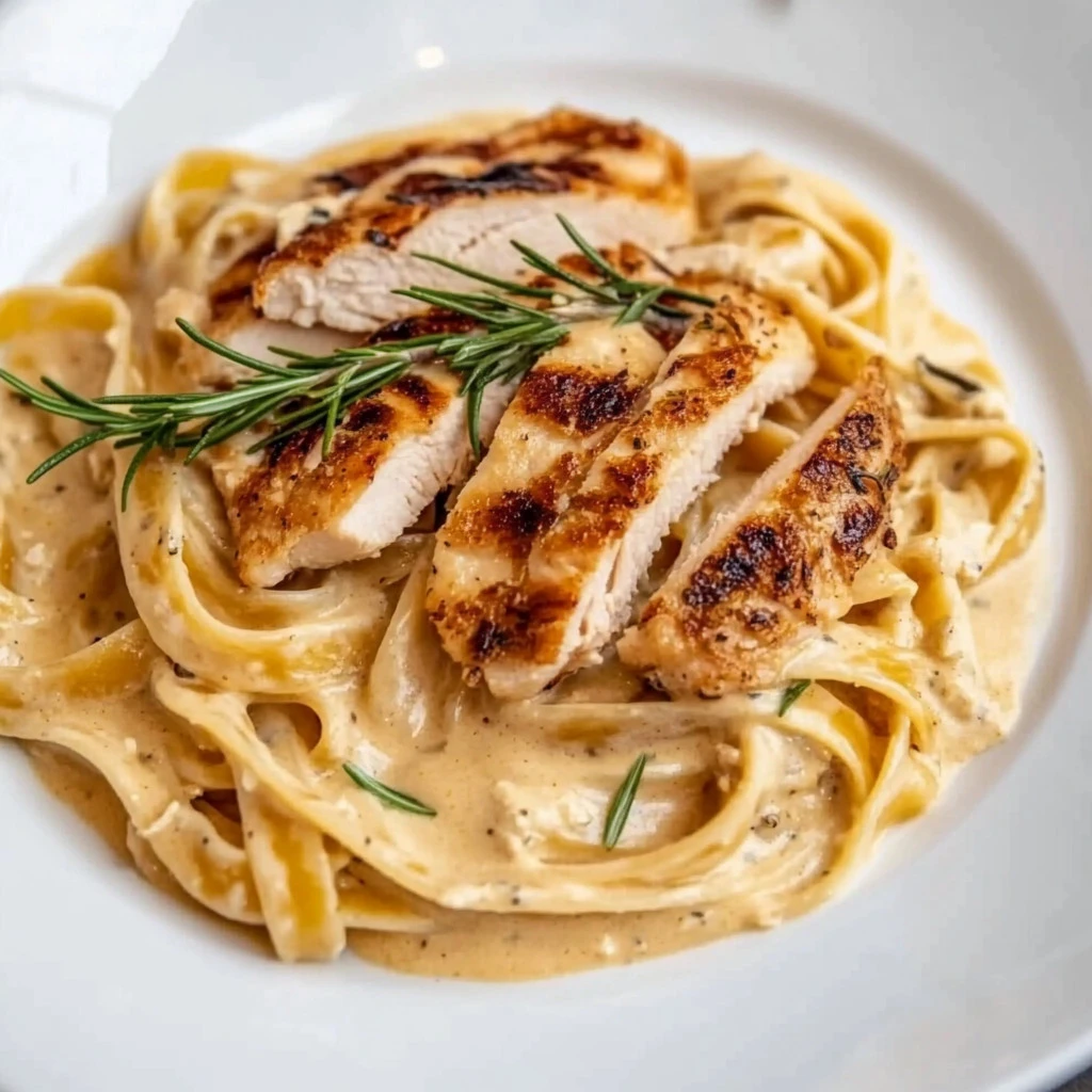 Plate of creamy chicken pasta topped with parsley and parmesan cheese