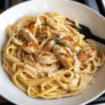 Delicious creamy chicken pasta dish garnished with herbs