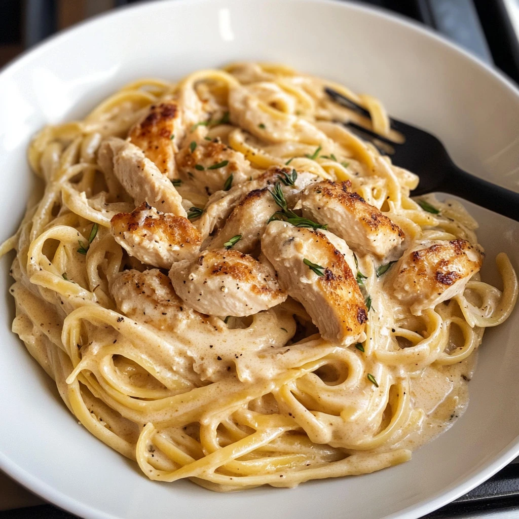 Delicious creamy chicken pasta dish garnished with herbs