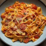 A vibrant bowl of Tomato and Garlic Pasta topped with fresh herbs.