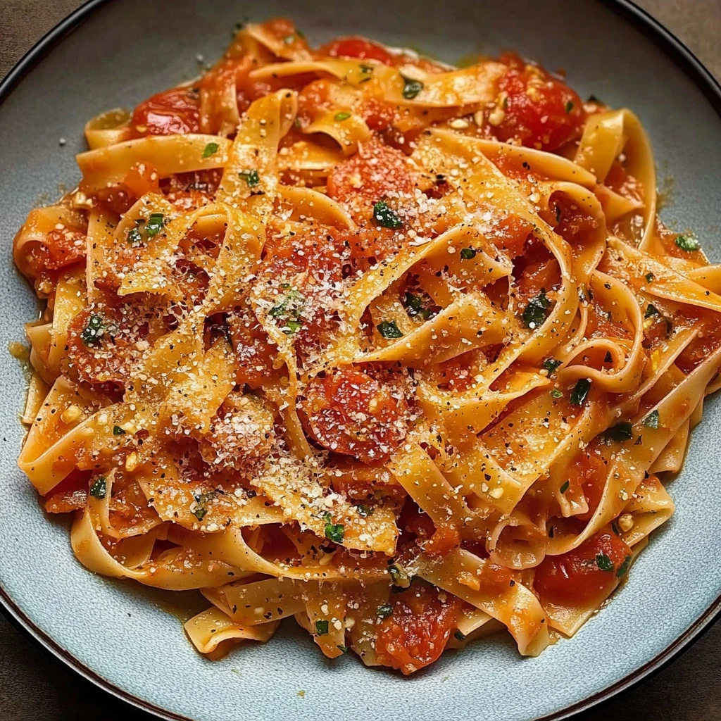 A vibrant bowl of Tomato and Garlic Pasta topped with fresh herbs.