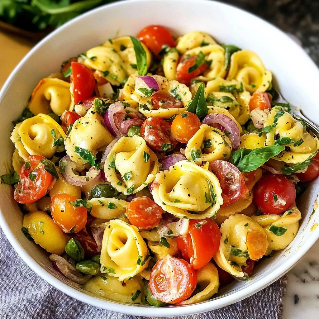 Colorful Tortellini Salad with fresh vegetables and dressing