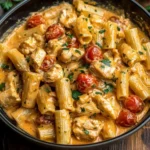 Creamy Tuscan Chicken Pasta garnished with fresh herbs and vegetables.