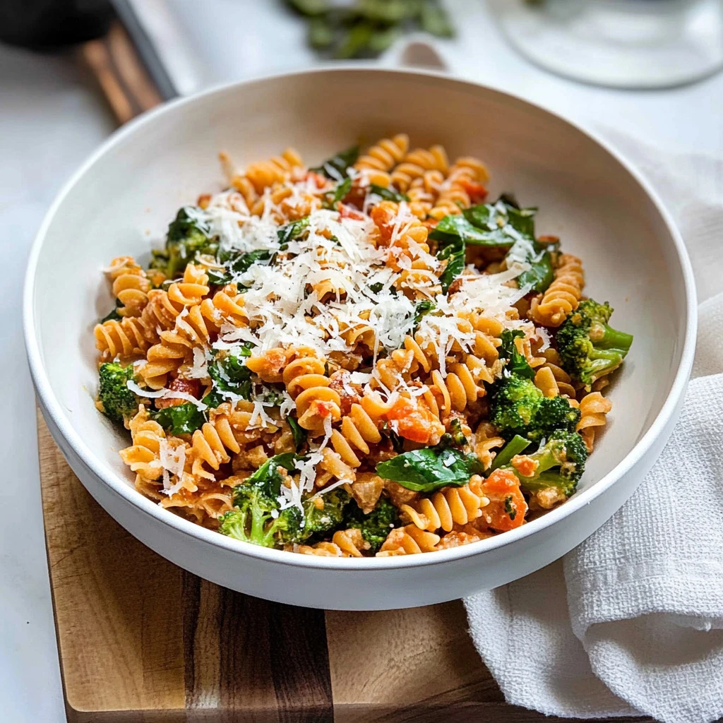 A colorful plate of vegetable pasta with fresh veggies and herbs.
