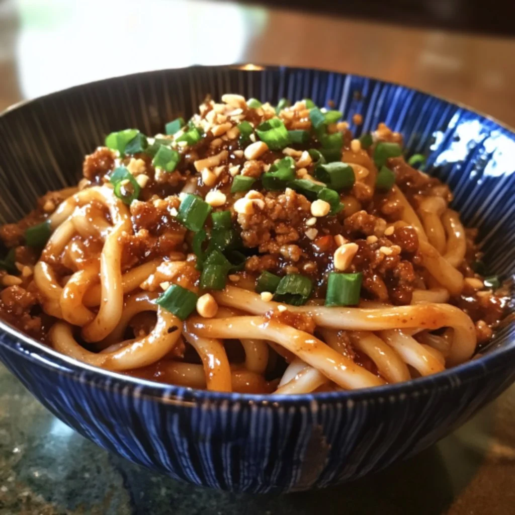 Bowl of addictive Dan Dan Noodles garnished with green onions and peanuts
