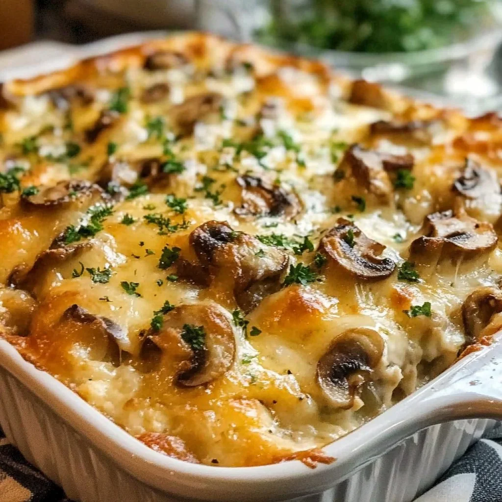 Baked cheesy mushroom casserole with golden cheese and sautéed mushrooms