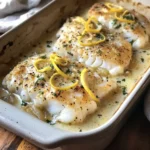 Baked cod fillet topped with coconut lemon cream sauce served on a plate.