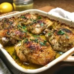 Baked Zaatar Yogurt Chicken garnished with herbs and spices on a serving plate