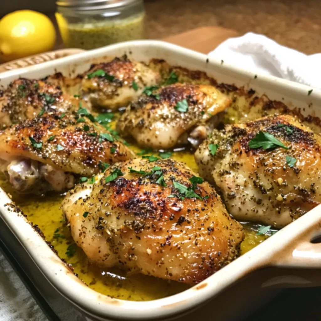 Baked Zaatar Yogurt Chicken garnished with herbs and spices on a serving plate