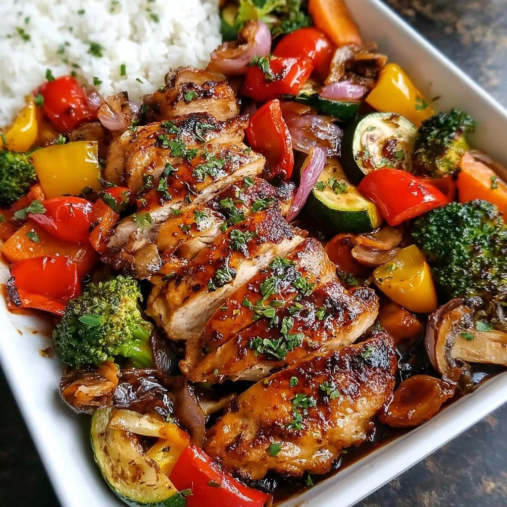 Balsamic Chicken with colorful veggies on a plate, showcasing a healthy meal option.