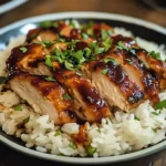 Delicious plate of barbecue chicken and rice garnished with fresh herbs