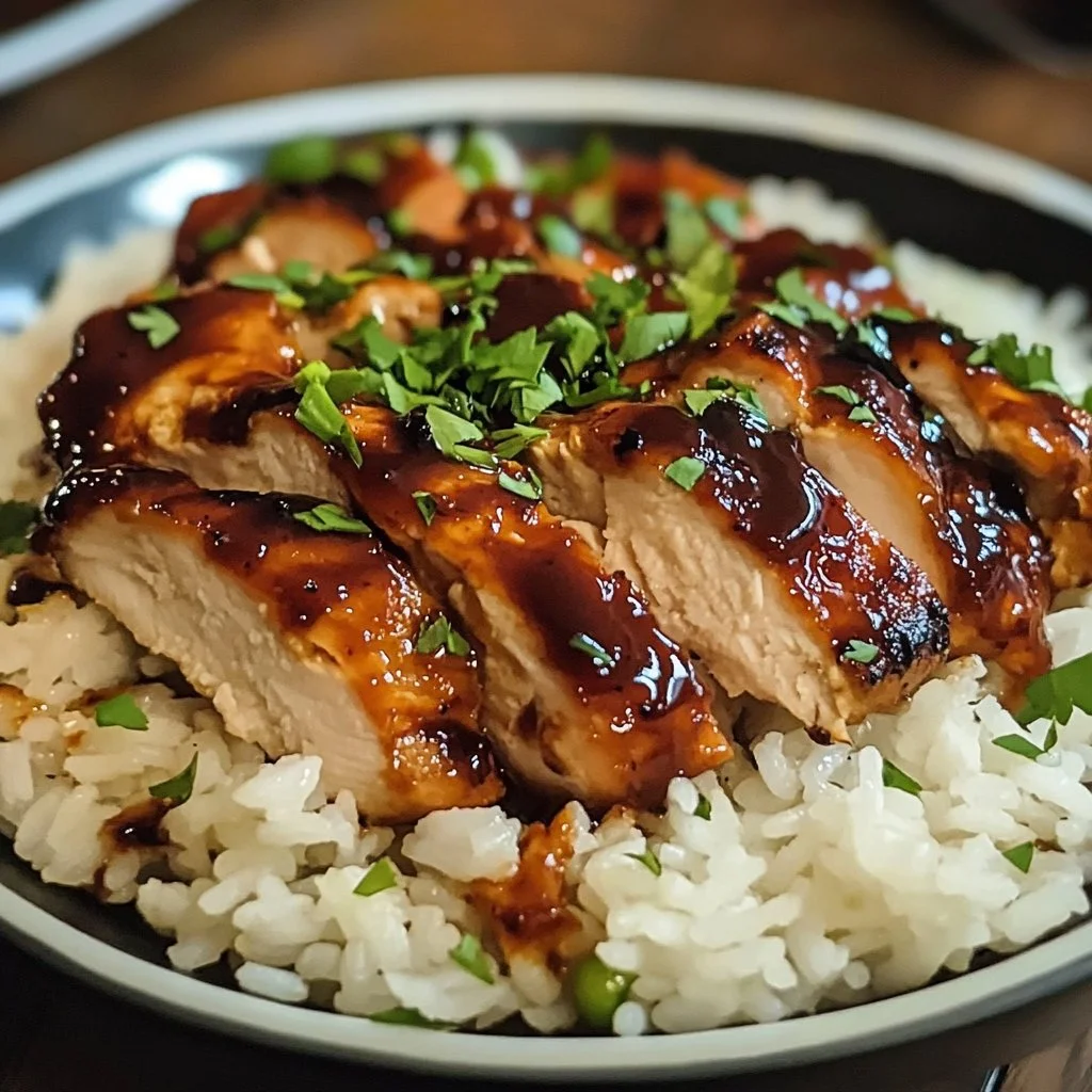 Delicious plate of barbecue chicken and rice garnished with fresh herbs
