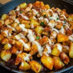 BBQ chicken potato skillet dish with colorful vegetables in a cast-iron pan