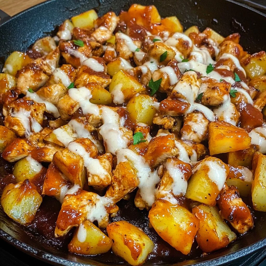 BBQ chicken potato skillet dish with colorful vegetables in a cast-iron pan