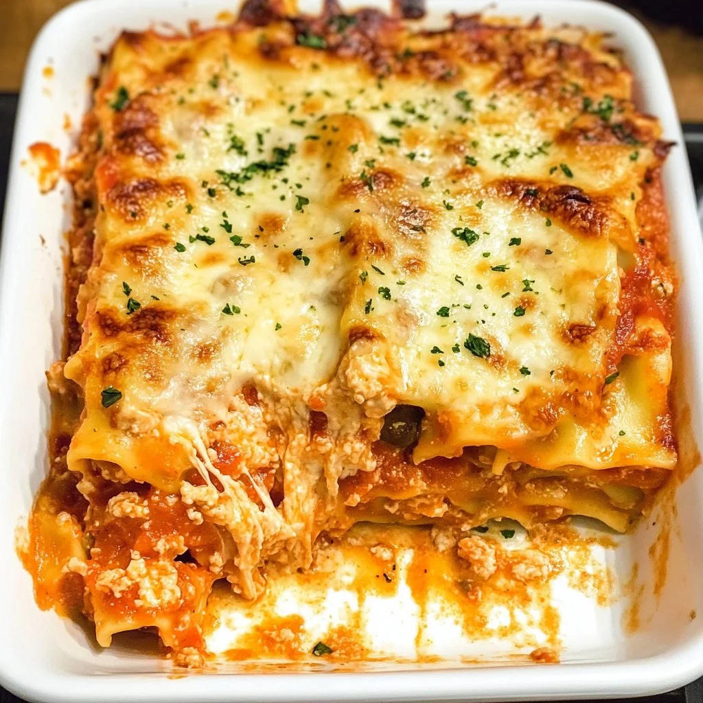 Buffalo Chicken Lasagna layered with chicken, cheese, and spicy sauce