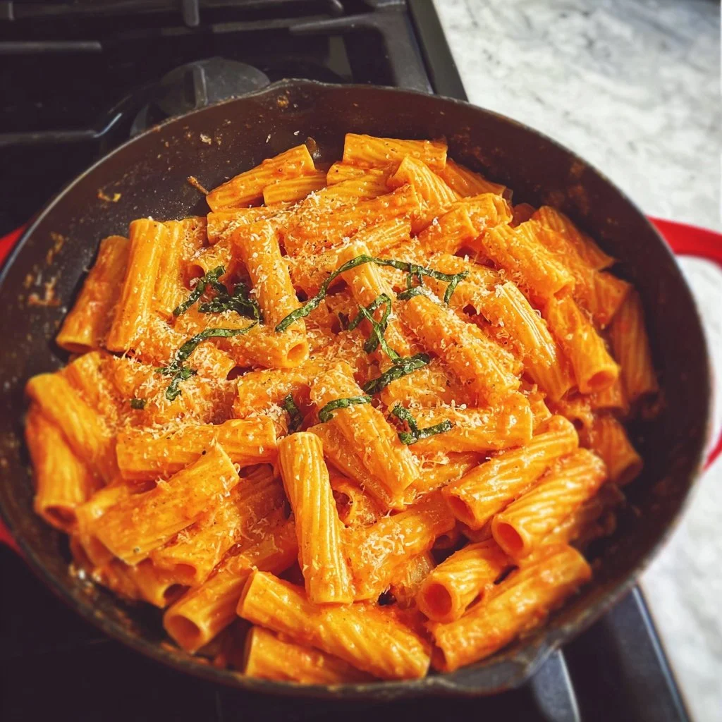 Delicious Carbone Spicy Rigatoni dish topped with herbs and cheese