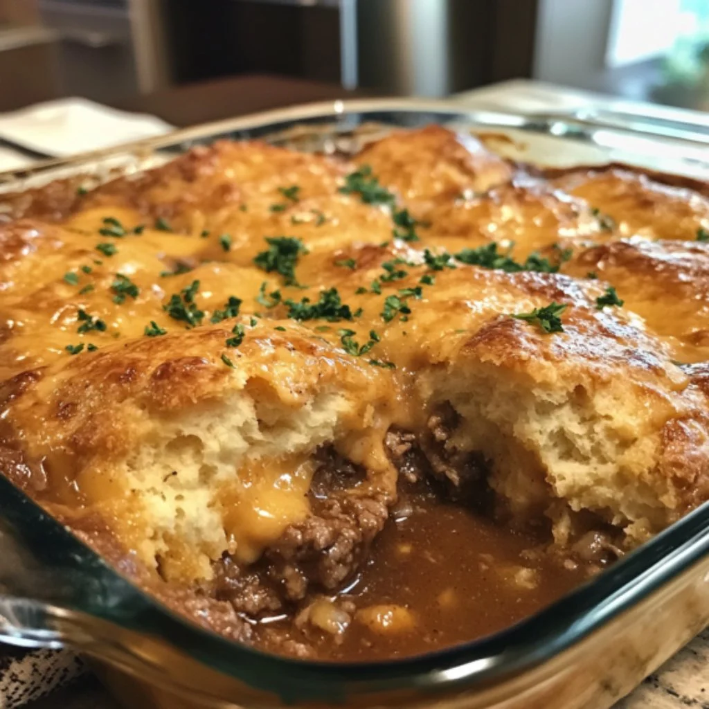 Delicious Cheddar Bay Biscuit Beef Cobbler dish served hot.