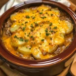 Cheesy beef and potato casserole topped with melted cheese and fresh herbs