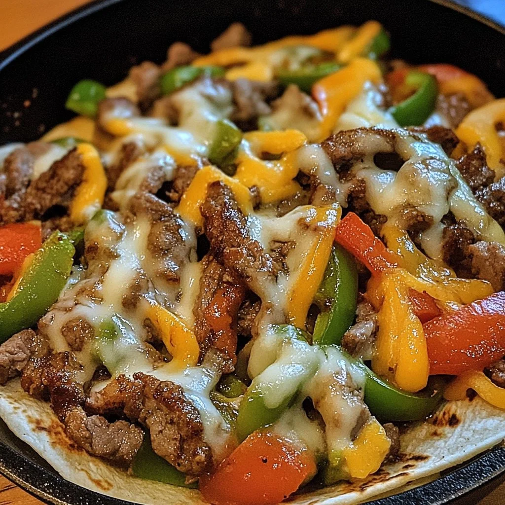 Delicious cheesy beef fajitas served with fresh vegetables and toppings