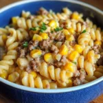 Cheesy beef pasta bake dish topped with melted cheese and herbs