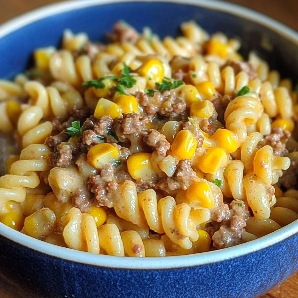 Cheesy beef pasta bake dish topped with melted cheese and herbs