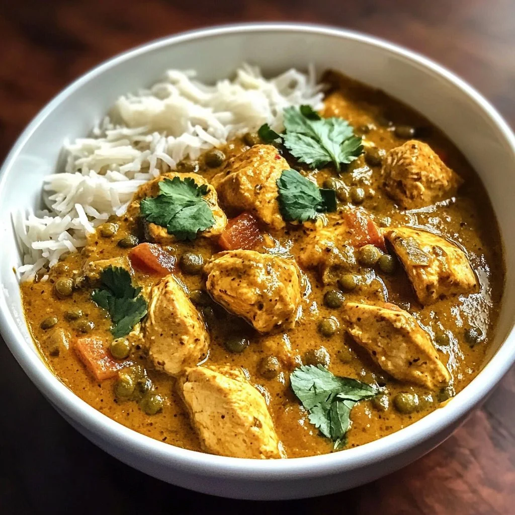 Delicious Chicken Lentil Curry served in a bowl with fresh herbs