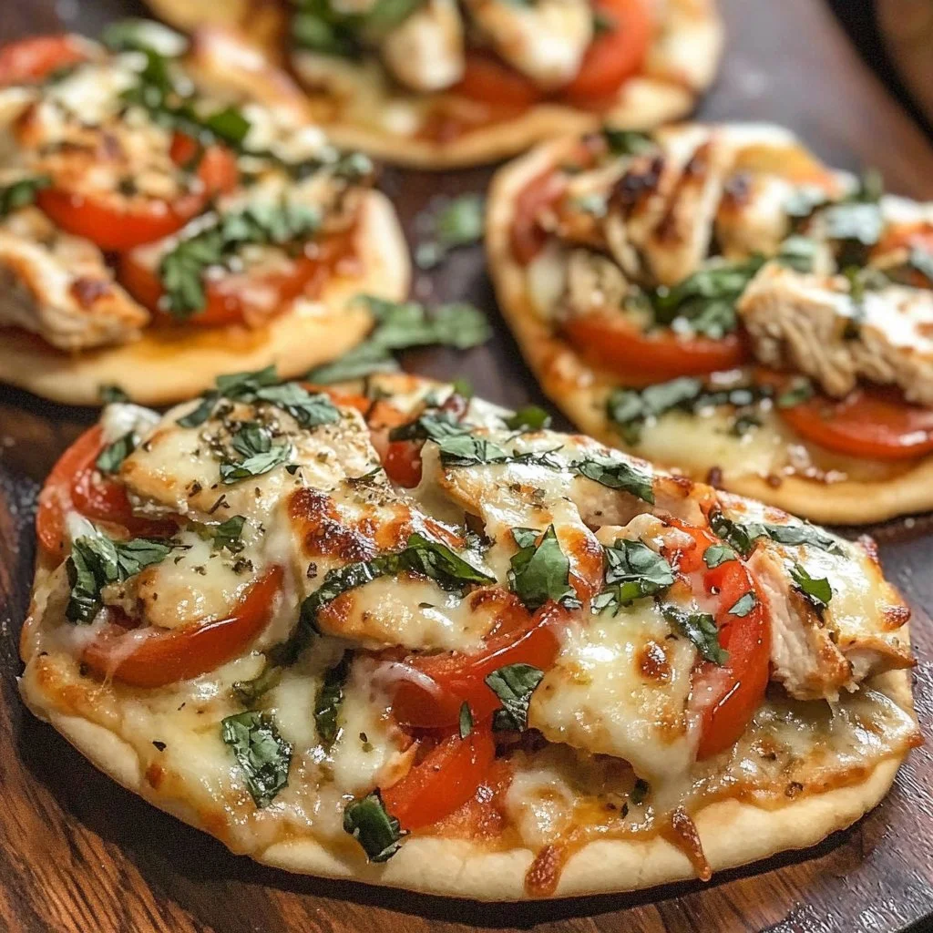 Delicious Chicken Pita Pizzas topped with fresh ingredients