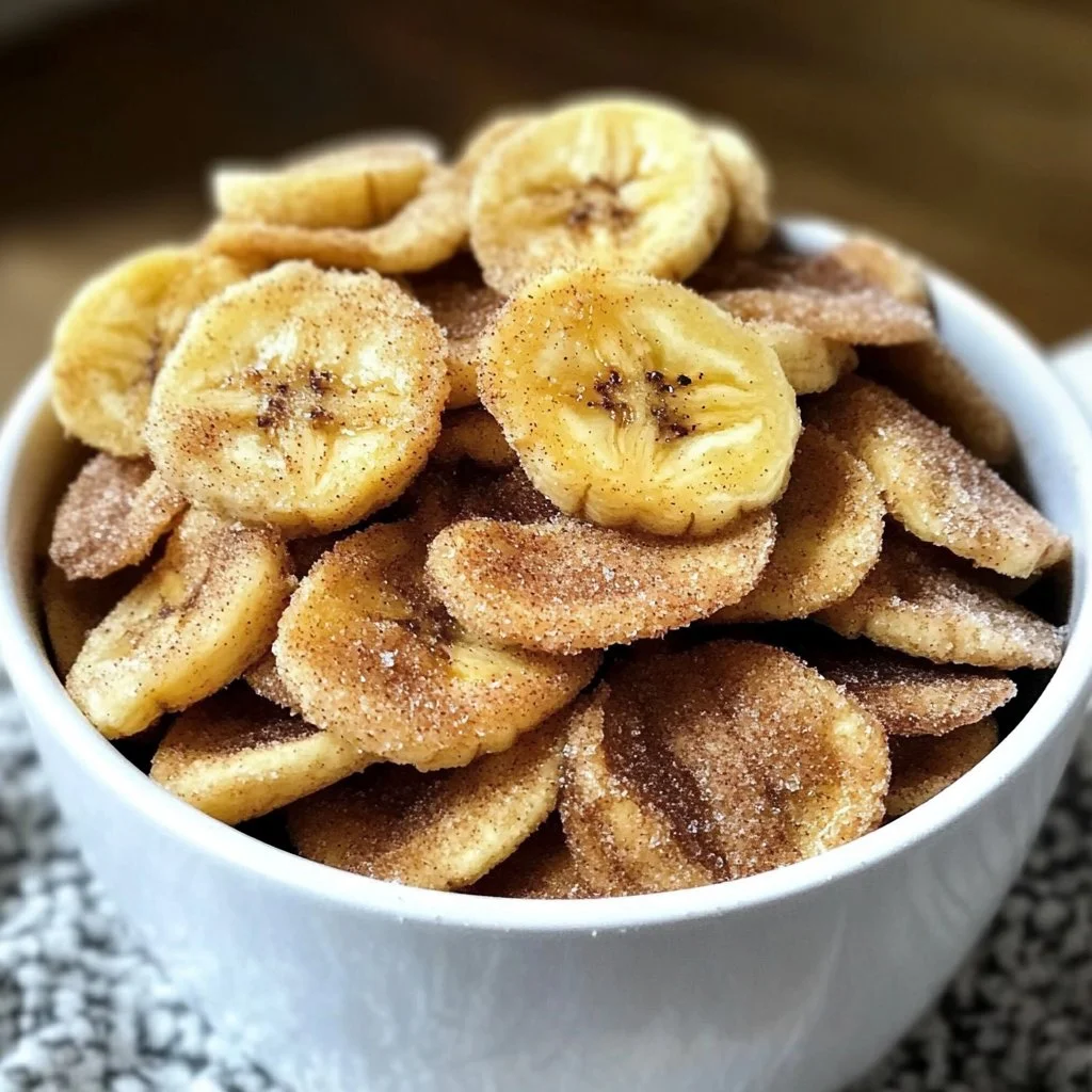 Crispy cinnamon-sugar air fryer banana chips served in a bowl
