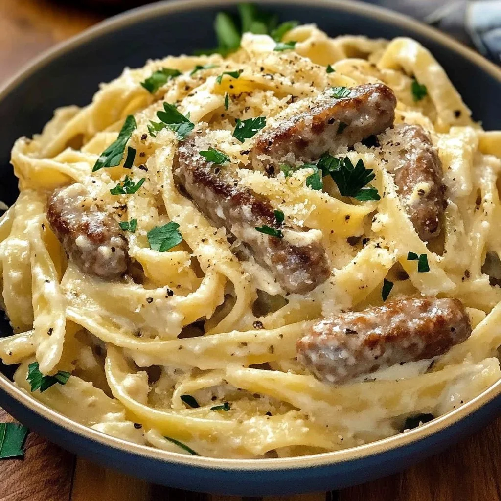 Creamy Italian sausage fettuccine served in a bowl with herbs and cheese