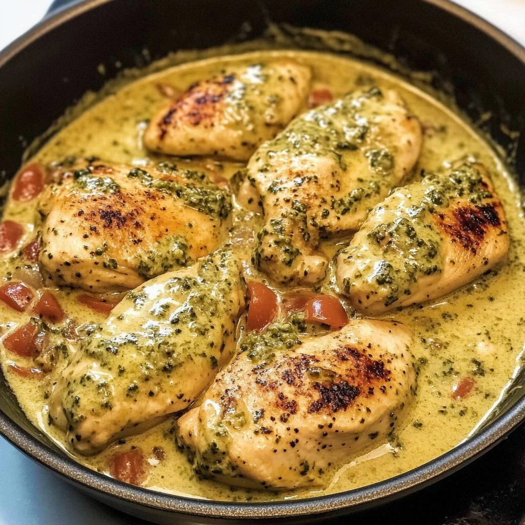 Creamy pesto chicken dish with vibrant basil pesto and tender chicken pieces.