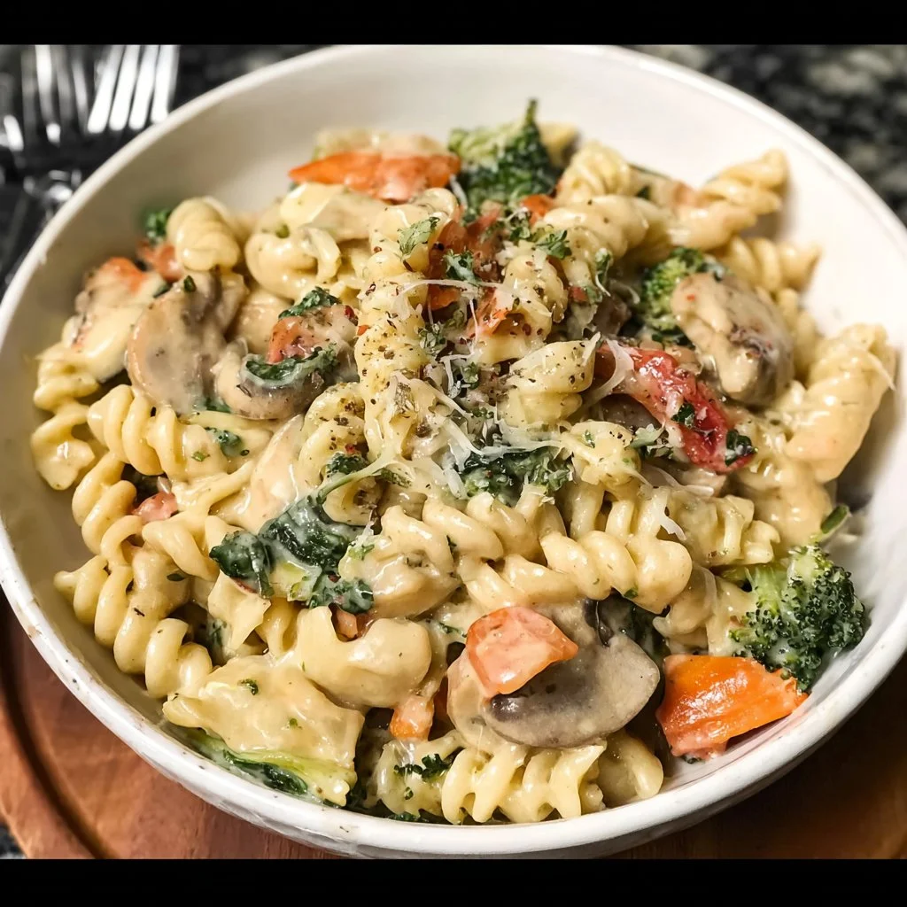 Creamy veggie pasta with colorful vegetables in a rich sauce