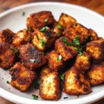 Plate of crispy Cajun tofu bites garnished with herbs