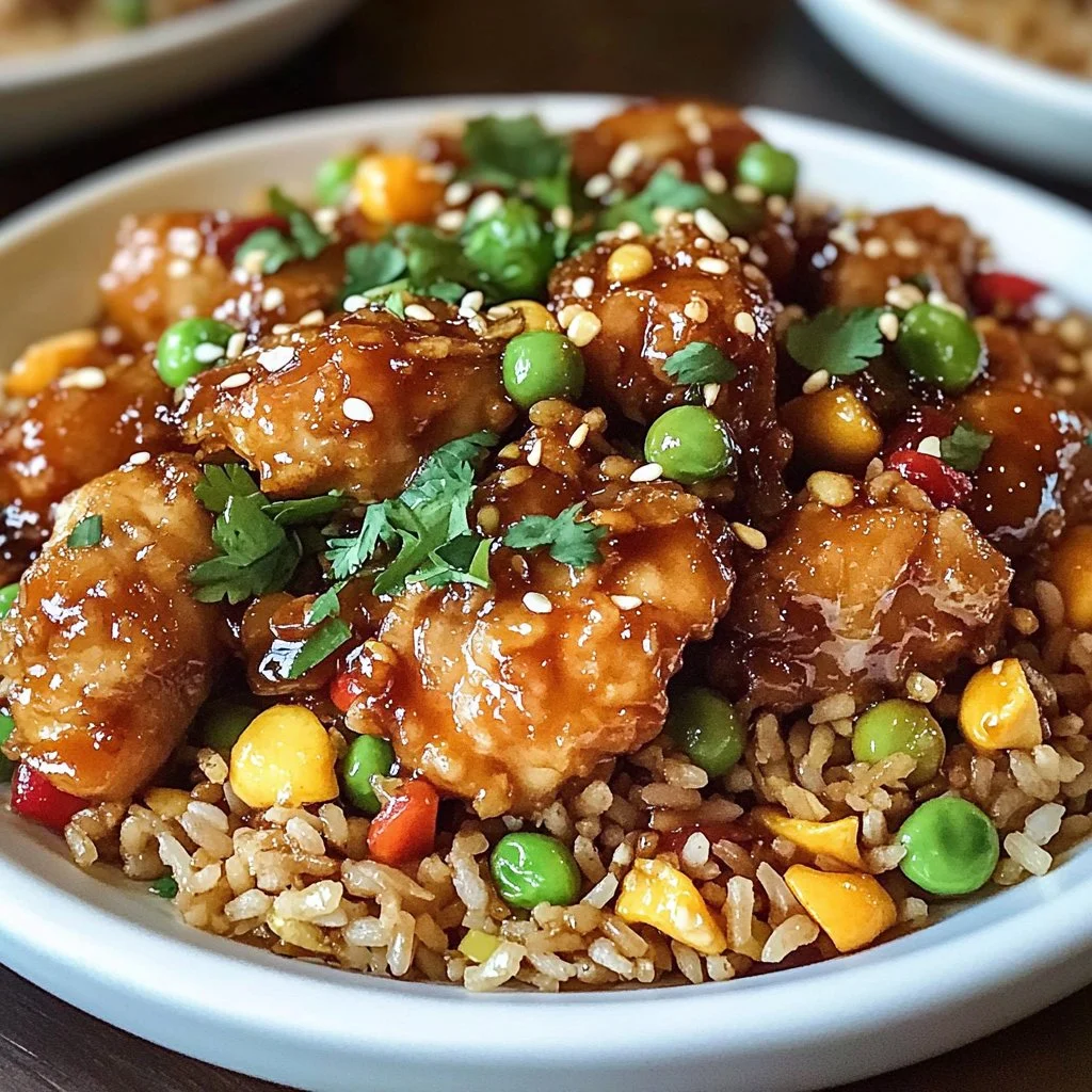Crispy chicken served with colorful vegetable fried rice on a plate.