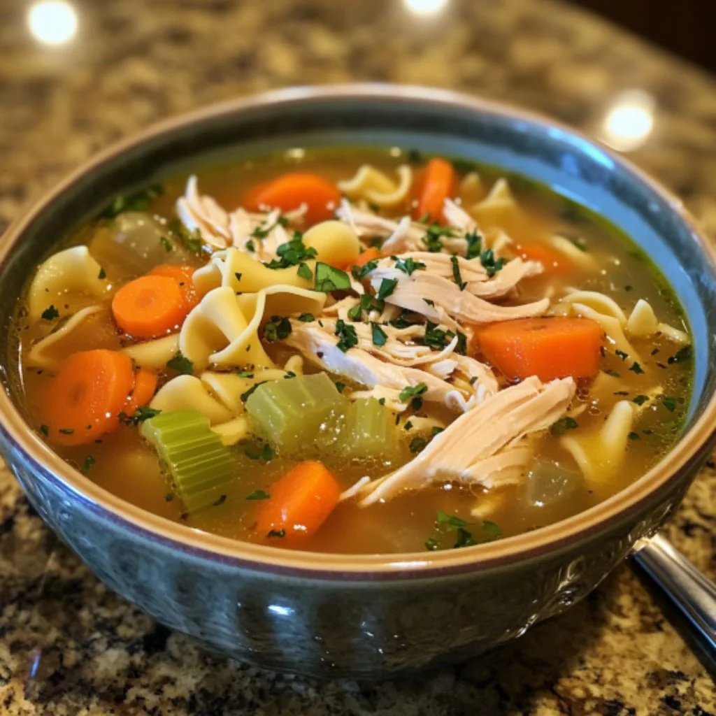 Bowl of hearty Crock Pot chicken noodle soup with vegetables and noodles