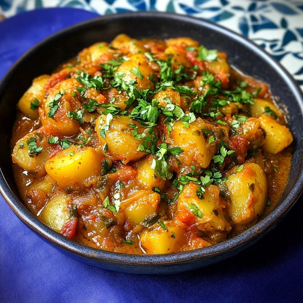Bowl of Dopiazeh Aloo Persian Potato Curry with spices and herbs