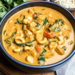 Bowl of easy cashew curry garnished with fresh herbs