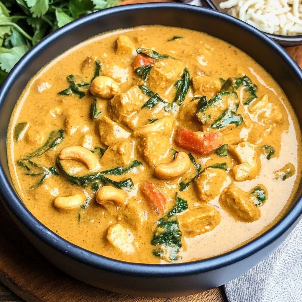 Bowl of easy cashew curry garnished with fresh herbs