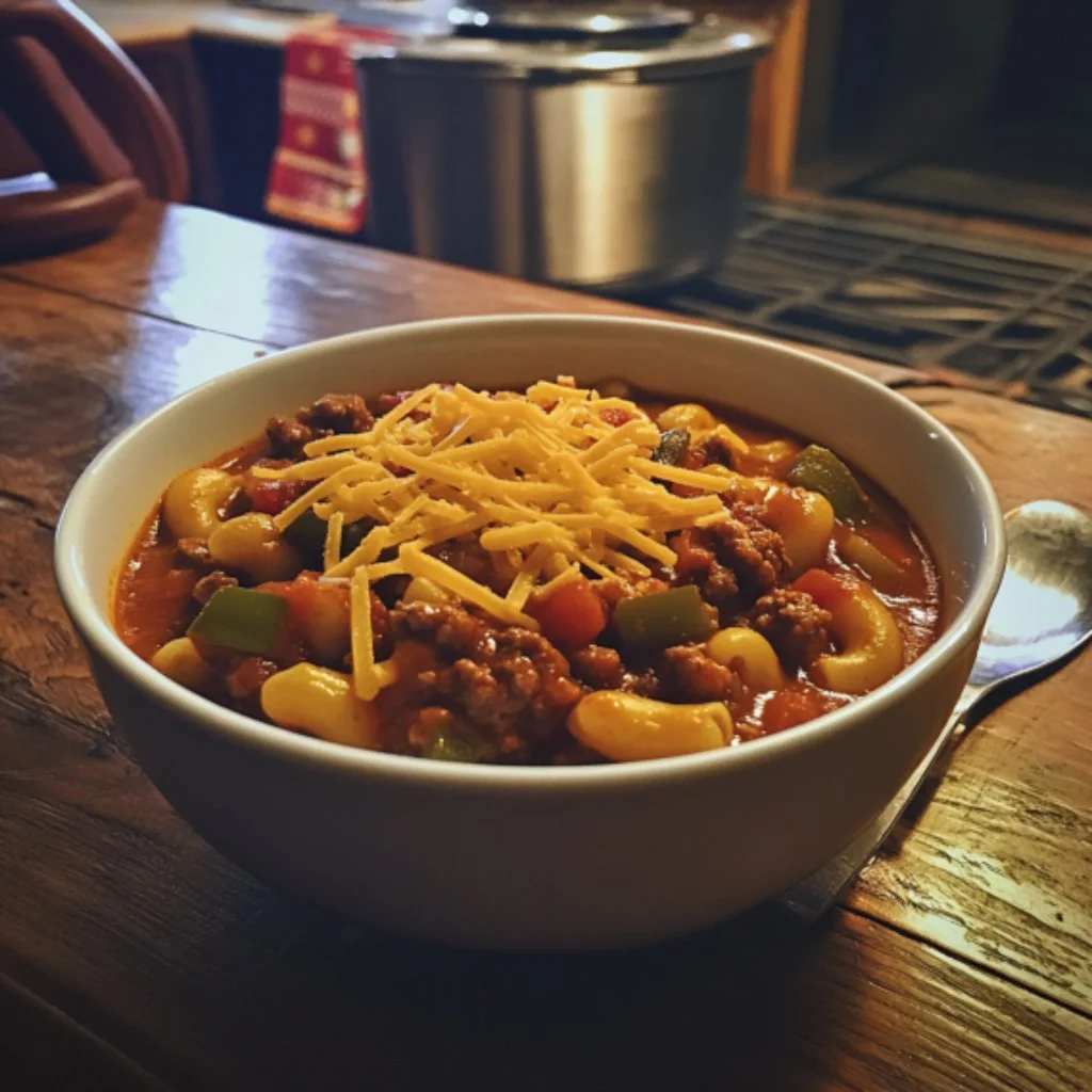 A delicious bowl of easy goulash recipe featuring pasta, beef, and spices.